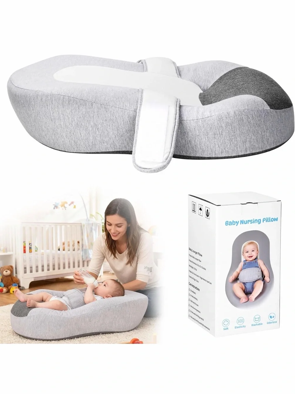 Baby👶🏻Nursing🤱🏻Pillow - Gray Infant👶🏻Lounger with Safety Strap